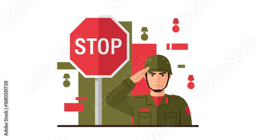 Soldier Saluting Under Stop Sign Depicting Military Theme With Vector Illustration