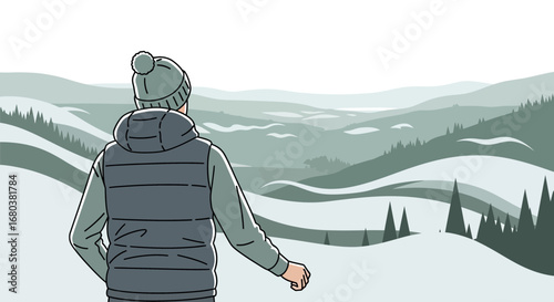 Solitary Traveler Admiring Serene Snowy Landscape in Soft, Monochromatic Tones