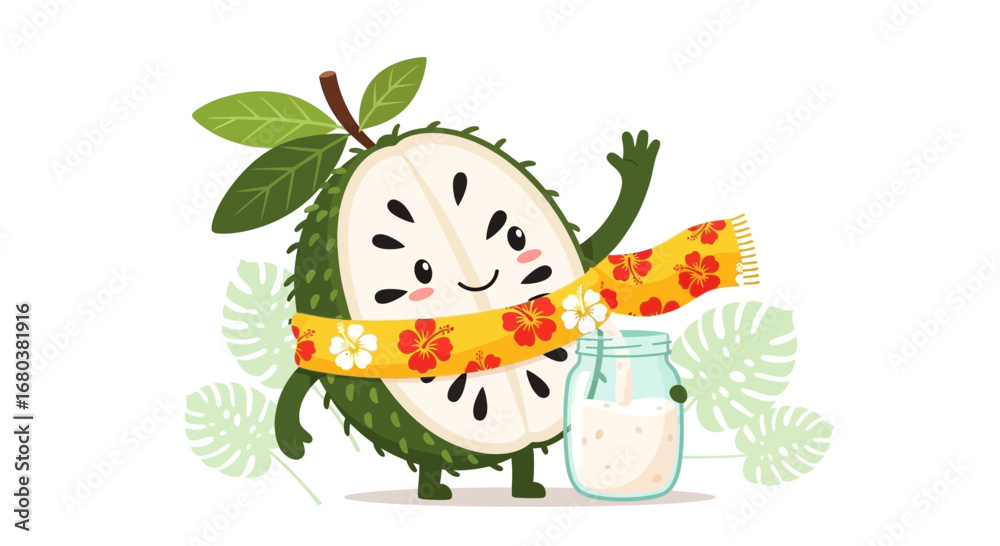 Fototapeta premium Soursop Character Greeting, Tropical Beverage Illustration, Cheerful Cartoon Design