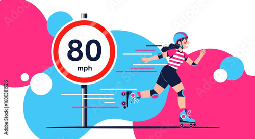 Speed Limit Sign And Speeding Roller Skater On A Flat, Colorful, And Dynamic Composition