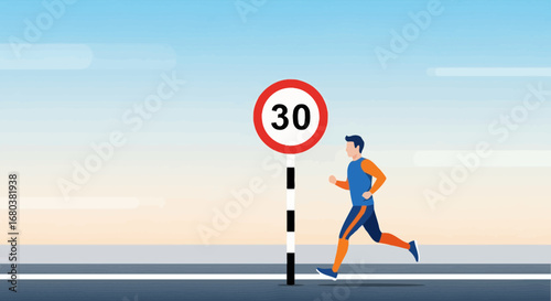 Speedy Run: Athlete Exercising Near a Traffic Sign Indicating Thirty Speed Limit Awareness