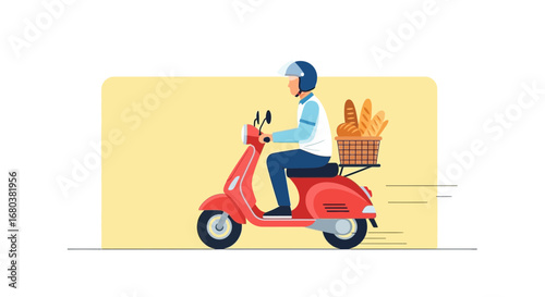 Speedy Bread Delivery Person on a Scooter with Loaves Heading to Customer Quickly