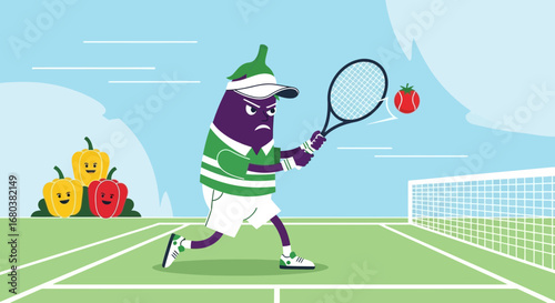 The Playful Vegetable Character Serving the Tomato Ball on the Tennis Court