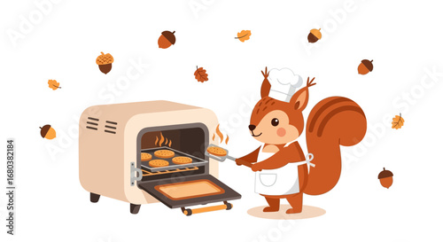 Squirrel Baker Delightfully Removing Cookies From Oven In A Whimsical Autumn Setting
