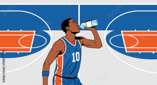 Thirsty Basketball Player Drinks Water On Court During A Scheduled Break For Hydration