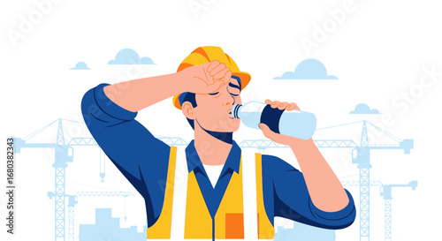Thirsty Construction Worker Drinks Water After a Day of Hard Physical Labor on Site