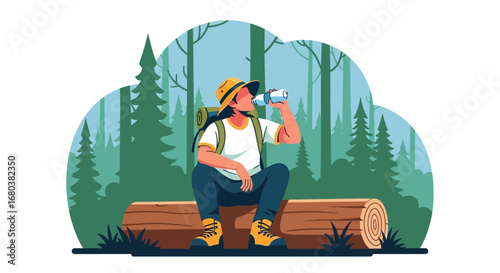 Thirsty Hiker Resting And Enjoying Refreshment During A Scenic Forest Trail Adventure