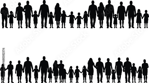 Silhouettes of large multigenerational families holding hands, unity, togetherness, parent-child connection