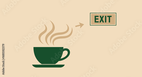 Steaming Coffee Cup Pointing Towards Exit Sign, Modern Design, Conceptual Illustration
