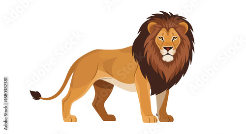 Majestic Illustrated Lion with Lush Mane Standing Tall on a Plain White Background for Graphic Design or Illustration Purposes