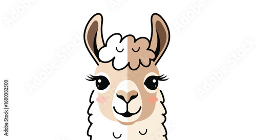 Charming Llama Portrait: A stylized illustration capturing the innocence and beauty of a llama against a clean white backdrop delivering a sense of