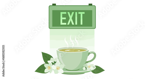 Time For Reflection Enjoying Cup Of Tea Beneath The Exit Sign Minimalist Concept
