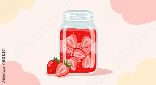 Strawberry Preserves In A Glass Jar With Fresh Strawberries, Sweet Breakfast