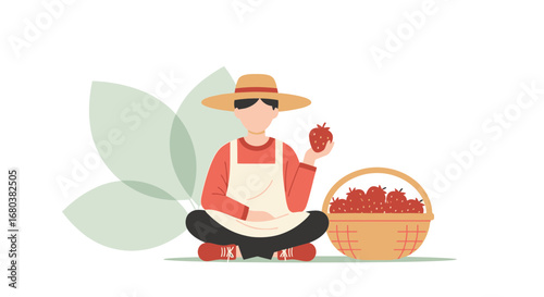 Strawberry Picker Sits With Harvest, Showing Off Juicy Fruit On White Background