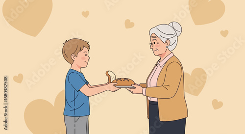 Thoughtful Young Man Shares Bread With Grandmother Symbolizing Warmth And Affection