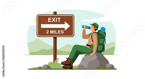Tired Hiker Resting Beside The Exit Sign Drinking Water In Nature After Hiking
