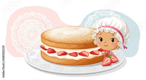 Strawberry Shortcake Delight Featuring a Charming Cartoon Pastry Chef Character