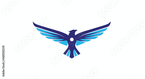 Stylized abstract eagle logo illustration, wings spread in a geometric design, a symbol of freedom and corporate strength rendered in shades of blue