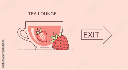 Strawberry Tea Lounge: Refreshing Drink and Exit Sign for Tea House Illustration