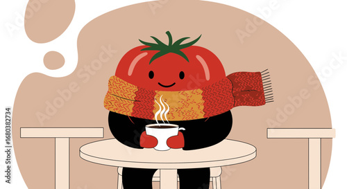 Tomato Cartoon Character Enjoying Coffee, Cozy Atmosphere with Warm Scarf