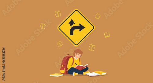 Student Contemplating Future Paths While Surrounded By Books And A Road Sign Symbol