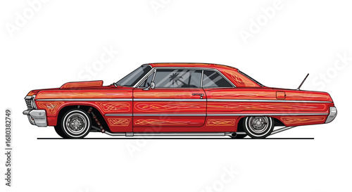 Vibrant crimson lowrider coupe showcases intricate pinstriping detail and custom enhancements, exuding classic car culture