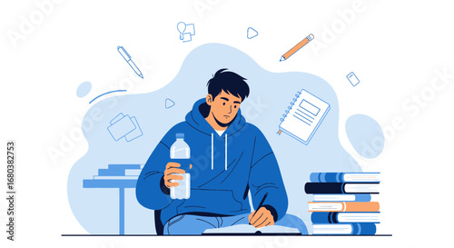 Student Concentrating On His Studies While Having A Bottle Of Water And Books Nearby