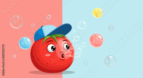 Tomato Character Blowing Bubbles With A Blue Hat, Red Background And Blue Background