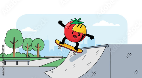 Tomato Character Doing Skateboarding Tricks In A Green Park And Showing Fun Activity