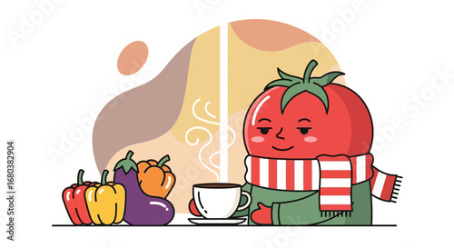 Tomato Character Relaxing With Drink And Vegetables Vector Illustration