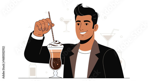 Stylish Bartender Crafting a Luxurious Coffee Drink in Vector Illustration Format