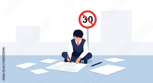 Studious Person Writing On Paper with a Prohibited Speed Sign and Blank Papers nearby