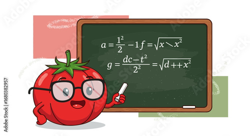 Tomato Character Teaching Math Lesson On Blackboard With Equations For Education