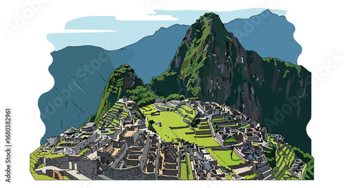 Line Art Illustration of Machu Picchu in Peru, showing the iconic Inca citadel nestled in the Andes Mountains with vibrant green terraces