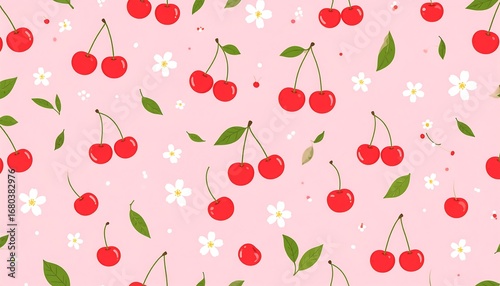 Sweet cherries, flowers, and leaves pattern