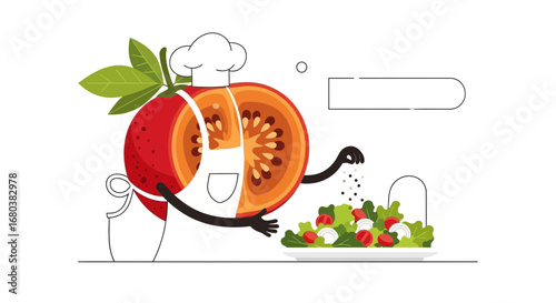 Tomato Chef Prepares a Fresh Salad with a Dash of Seasoning Before Presentation