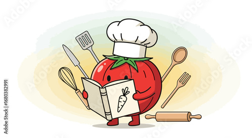 Tomato Chef Reads Cookbook with Kitchen Utensils Preparing Fresh and Delicious Recipes