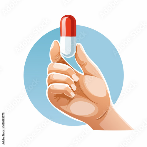 Hand delicately holding a red and white capsule pill against a light blue circular background.