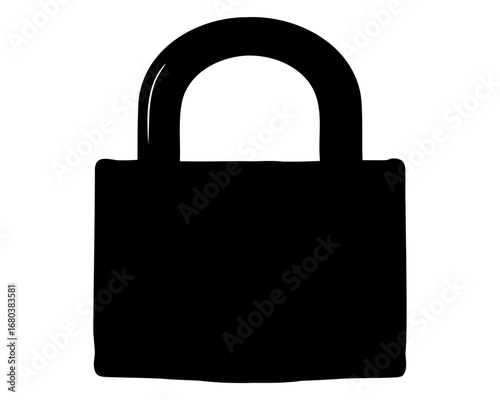 A black silhouette of a padlock on a white isolated background