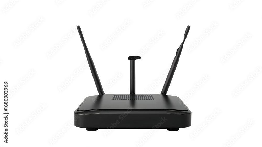 Fototapeta premium Modern black wireless router with three antennas for highspeed internet connectivity and smart home networking solutions
