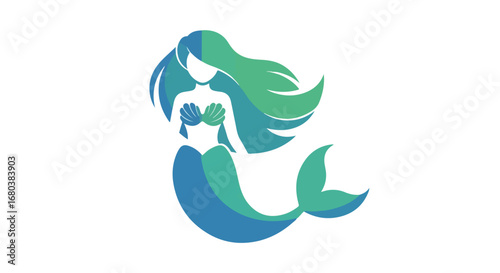 Stylized ocean nymph with flowing hair and seashell bra, perfect for aquatic themes, logo