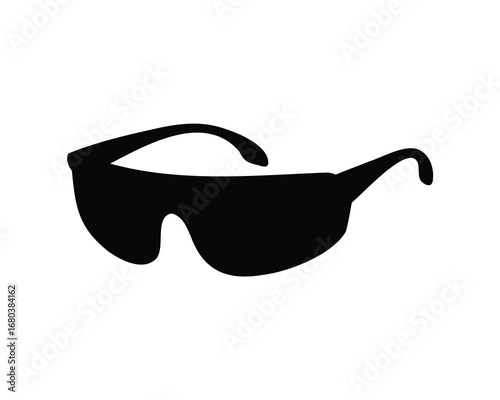 Black silhouette of sunglasses with thick frames and curved earpieces on white