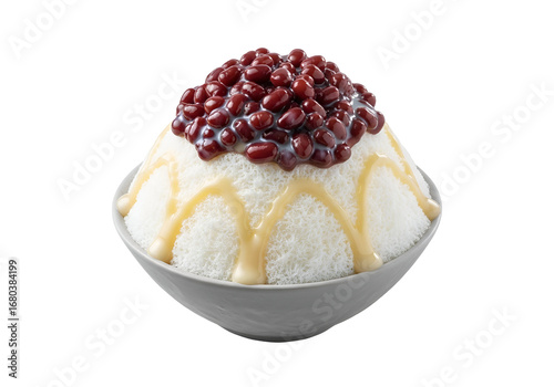 A light, fluffy shaved ice dessert is topped with sweet red beans and drizzled with a rich, creamy sauce.