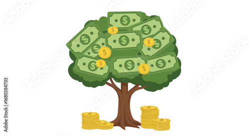 Conceptual illustration of a money tree laden with currency and coins depicting financial growth and investment potential,isolated on a white