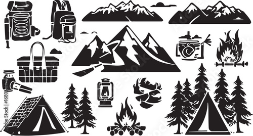 Mountain Adventure Travel Vector Set – Hiking, Nature, Camping, Outdoor, Trees, Backpack, Wild, Tourism, Holiday, Exploration, Summer, Climbing, Tent, Landscape, Adventure Icon, Eco, Badge, Vintage