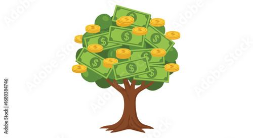 Financial Growth Illustration: A Tree Bearing Currency and Coins Depicts Investments and Prosperity