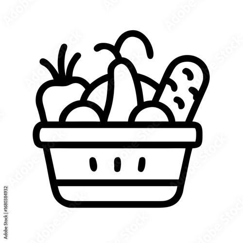 Vegetable basket icon fresh produce market grocery store organic food healthy eating vector illustration line art