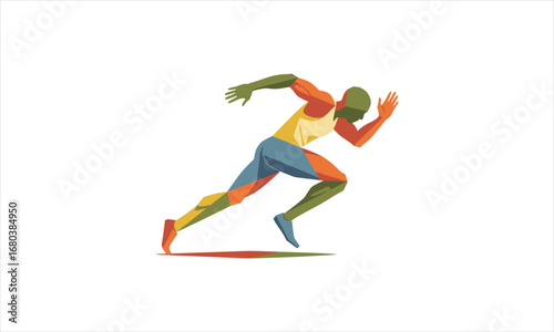 Abstract Colorful Geometric Runner in Motion, Dynamic Sprinting Pose, Isolated.