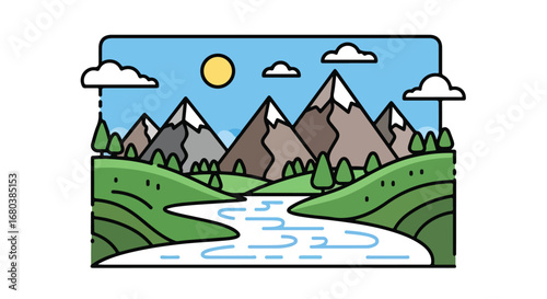 Stylized Mountain Landscape with River, Trees, Clouds, and Sun in Clean Vector Illustration style simple and flat, landscape for backgrounds