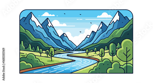 Scenic Mountain Landscape with Winding River and Lush Greenery in Artistic Style